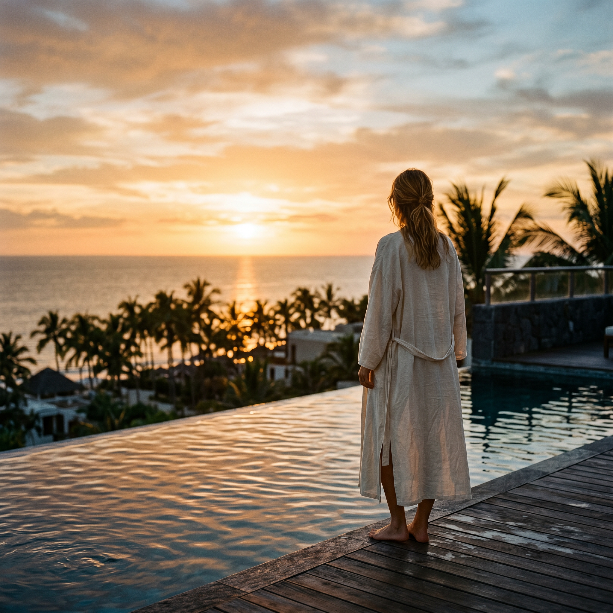 Figure in linen robe overlooking ocean at sunset