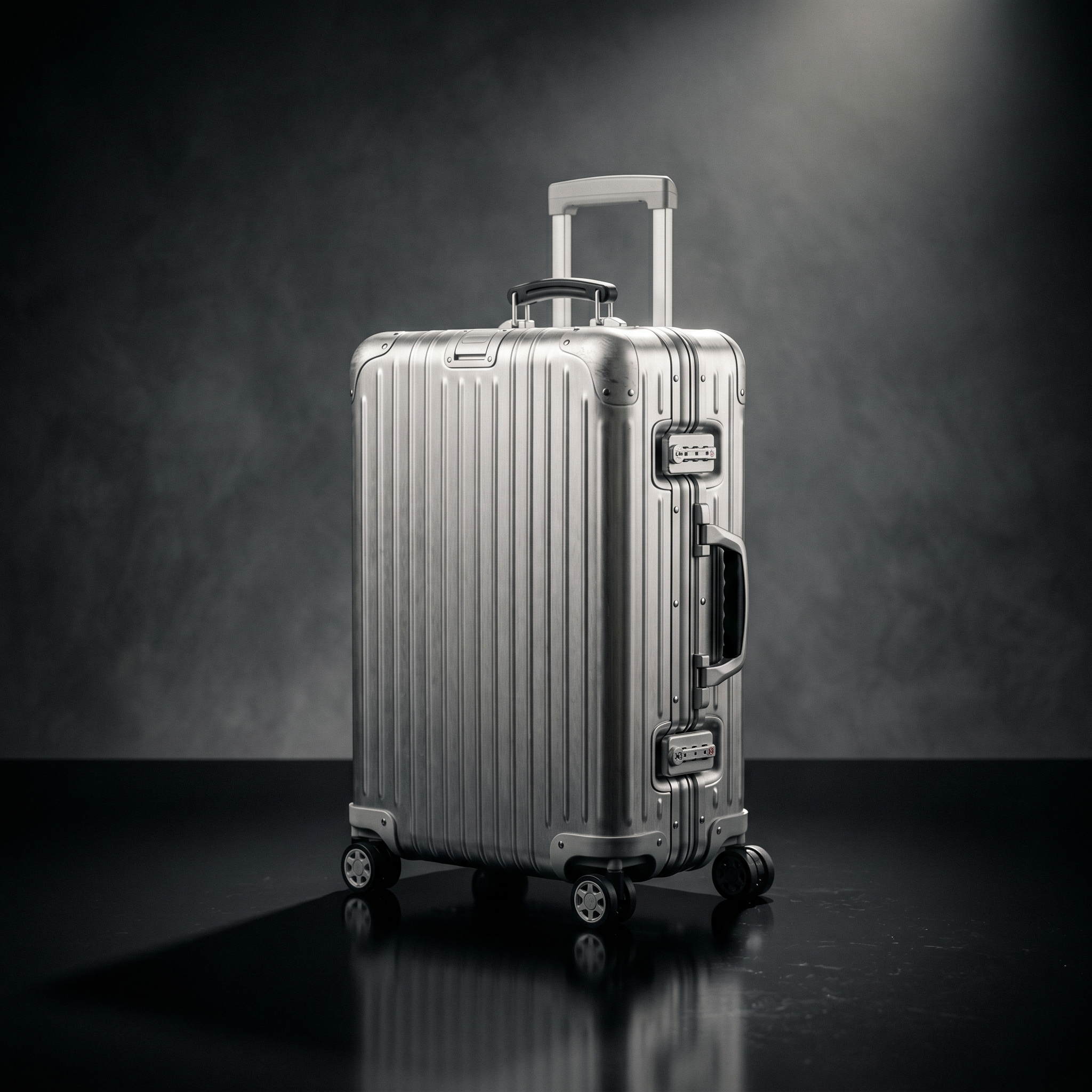 Brushed aluminum suitcase under a single overhead light