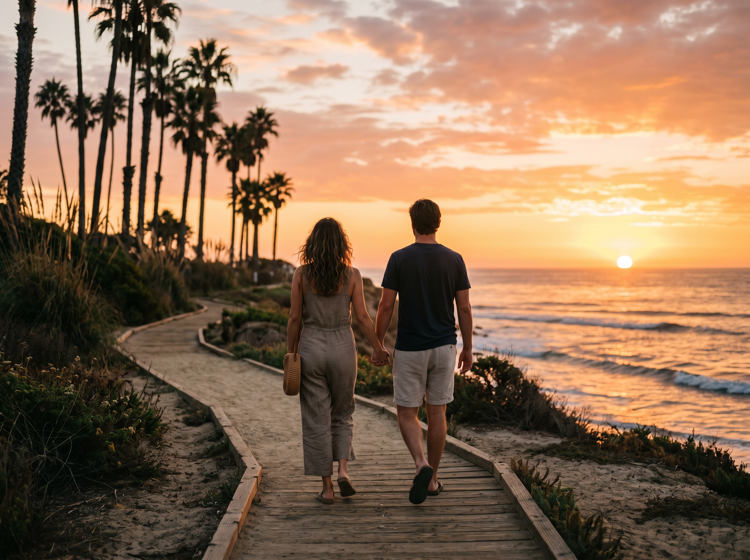 Couple walking on Malibu beach path at sunset